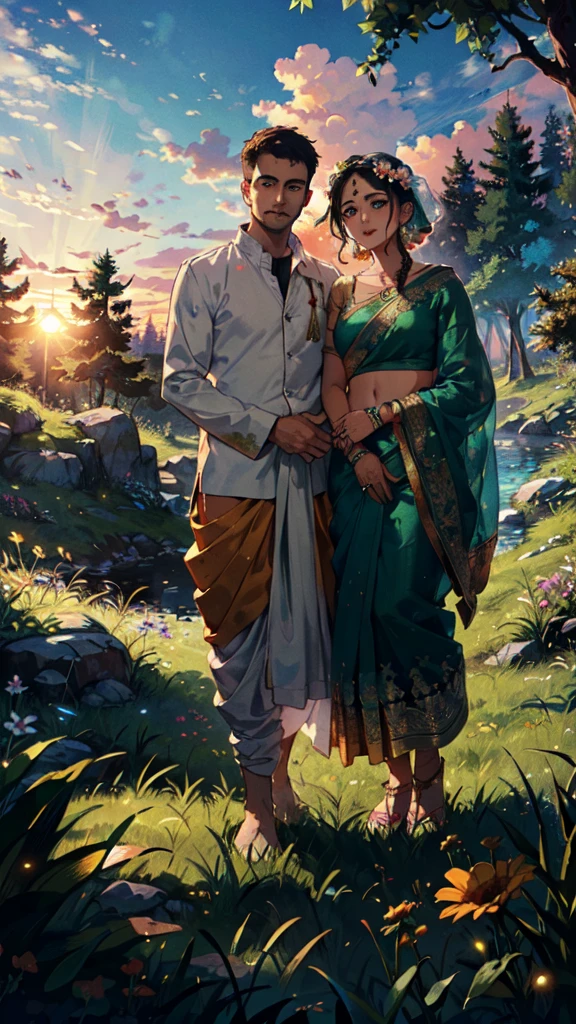 beautiful sunset, hindu temple, newly married south indian couple in traditional saree and doti outfit, decorative flower garland in thier neck, BREAK (masterpiece, best quality:1.2), outdoors, nature, forest, pines, grass, tall grass, detailed grass, plants, day, clouds, flower