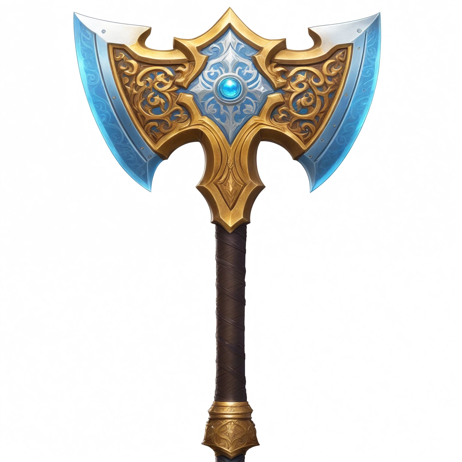 Close up of a large metal axe with gold and blue patterns, Fantasy RPG Weapon Art, Fantasy weapons, epic Fantasy weapons art, Tomahawk, Role Playing Game Items, World of Warcraft Blizzard Weapon Art, Tomahawk, Fantasy Sword of warrior, Dwarven weapons, Axe element, Hearthstone Weapon Art, Intricate Fantasy Spear, Role Playing Game Items, Role Playing Game Items render, Fantasy Sword