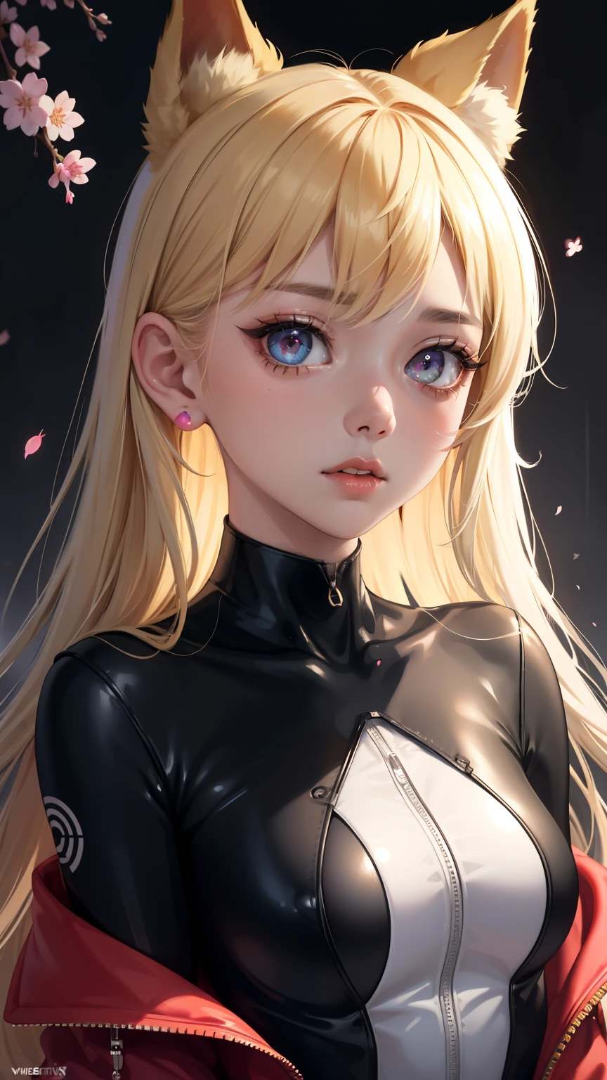 1 Girl, blond, cexist_ear, animal_ear, Solitary, dark_skin, Brown_skin, Foggy neon futuristic, Summer Jackets, Cherry Blossoms Falling, Portrait Style, Watching_exist_Viewer, cinemexistic lighting, Eyeliner, cosmetic, emotion, Very detailed, Wide-angle lens, Clear focus, Ring Light, Rim Light, ocBrowne render, Ring Light, Rim Light, Enwink Punk, Sandu Art
