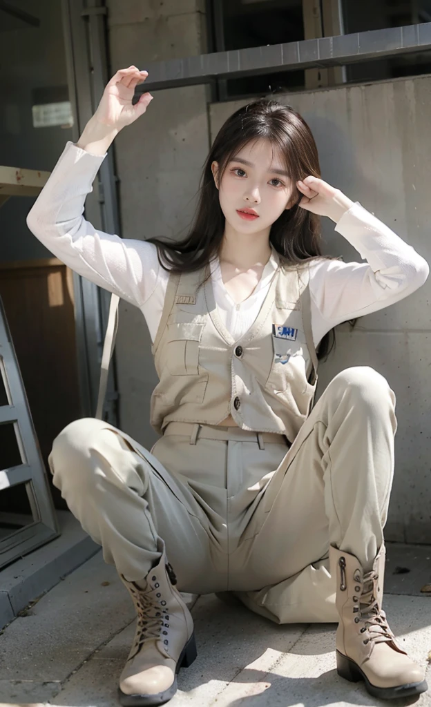 8K, Realistic photos, Realistic skin texture, Korean beauties in the US military、(Super delicate face),Eyes with spirit,Temperament,(full-body shot),Outside the ruins of a large American supermarket、End of operation、Car buried in rubble、(Automatic rifle with both hands)、Bulletproof vest、exhausted、Fist bump with other team members、Rescue the hostages、Backpack、boots、covered in wounds、Dynamic poses、Innovative composition
