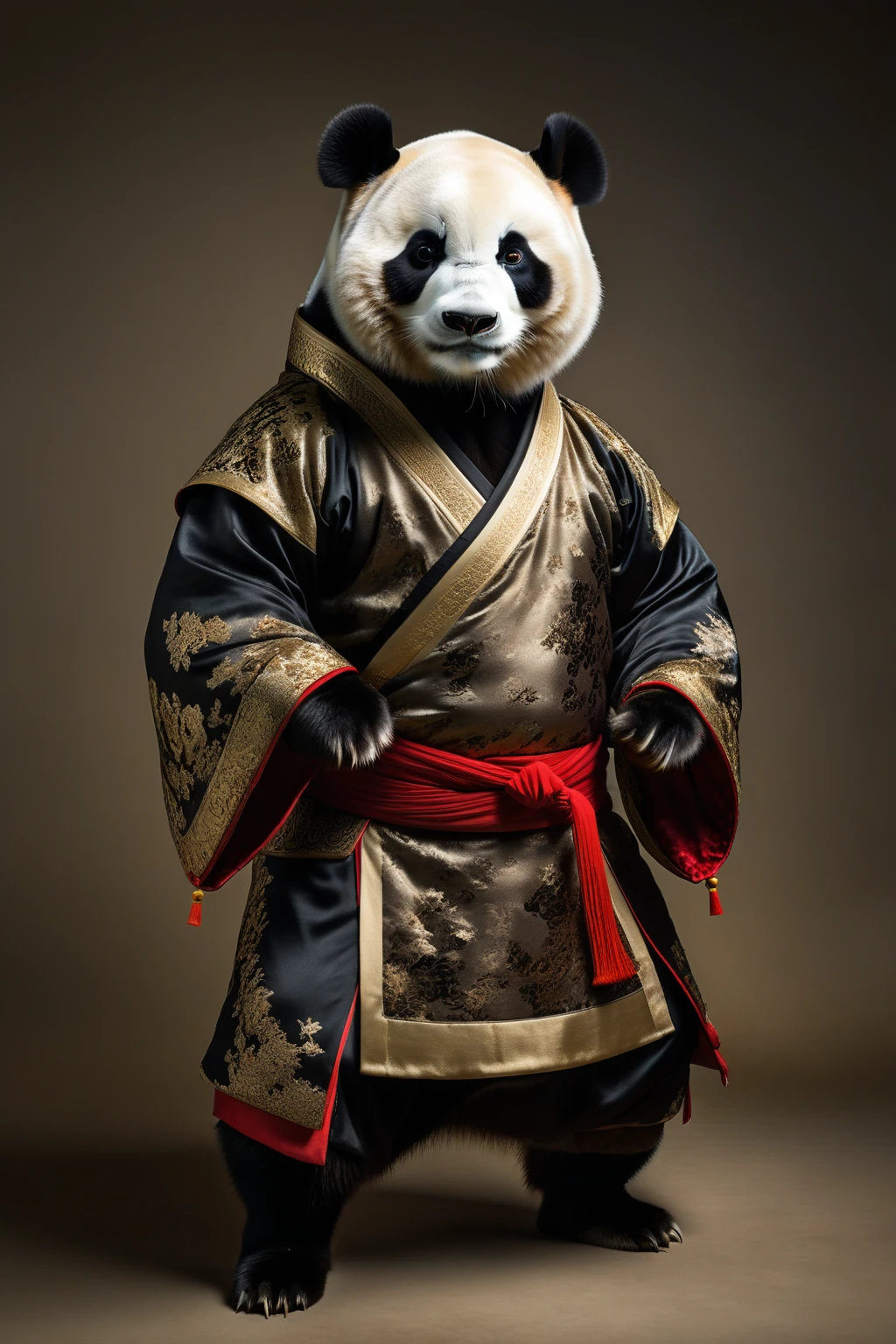 Anthropomorphic Panda, male, Full body portrait, Frontal lobe, Serious threatening posture, Surreal, Detailed fur texture, Sharp eyes, Serious expression, Studio Lighting, National Geographic style photos, 8k resolution, Very detailed, Clear focus, Textured fabrics,Wearing traditional Chinese clothing,Traditional Chinese Kung Fu Clothing,Tang Suit,Tang Dynasty martial arts clothes,The background is the Chinese martial arts arena