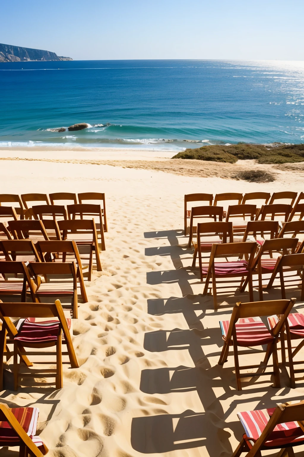 mediterranean beach, in the sand many chairs in rows next to each other and behind many more rows. Perspective from the sea towards the sand and chairs 