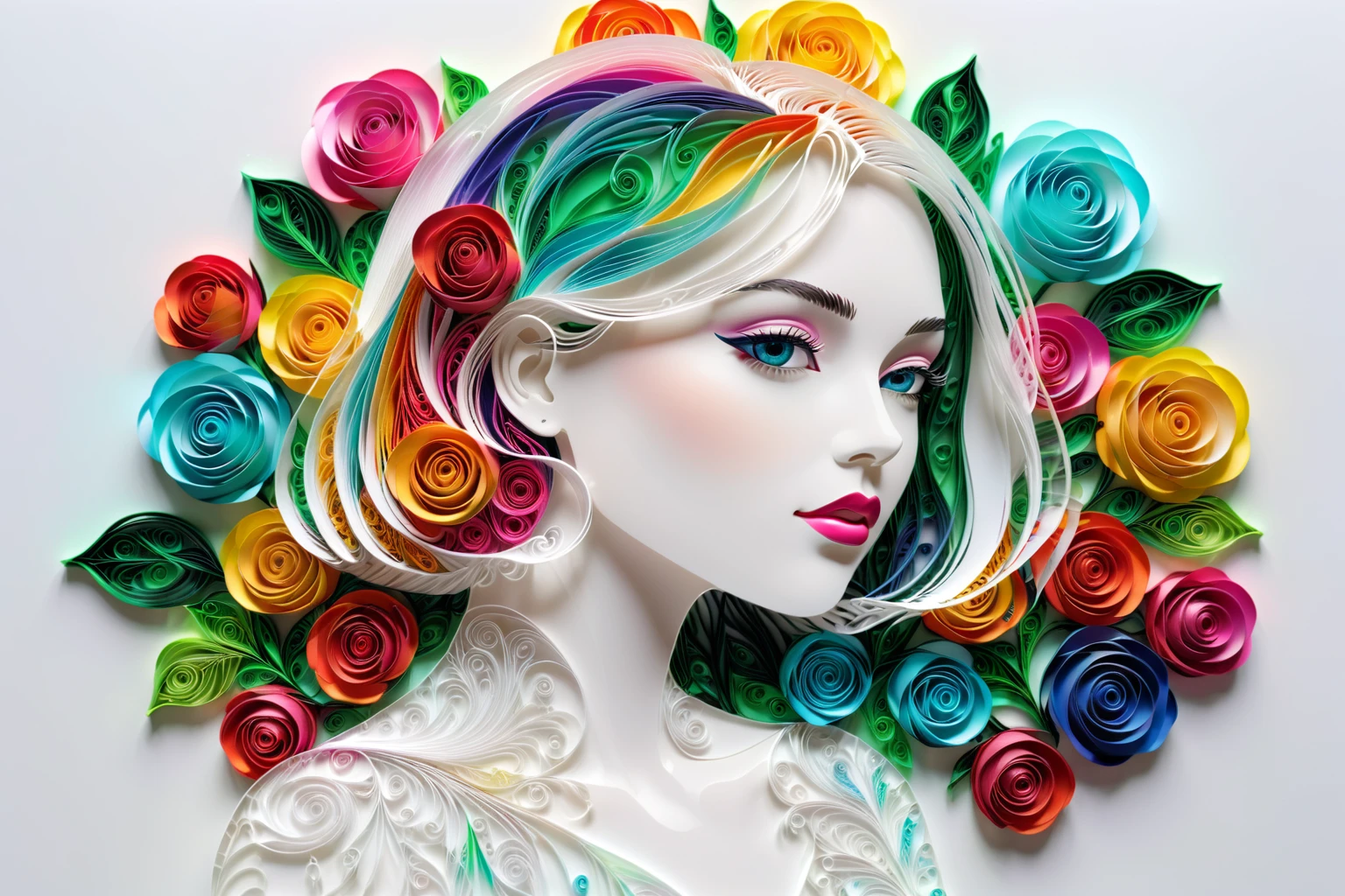 (hologram:1.5),Transparency Glass, silhouette of a beautiful woman,shoulder length straight bob hair,Colorful rose,White background,paper art,quilling paper art,zentangle, geomerty,3D render, Cinematic lighting effects