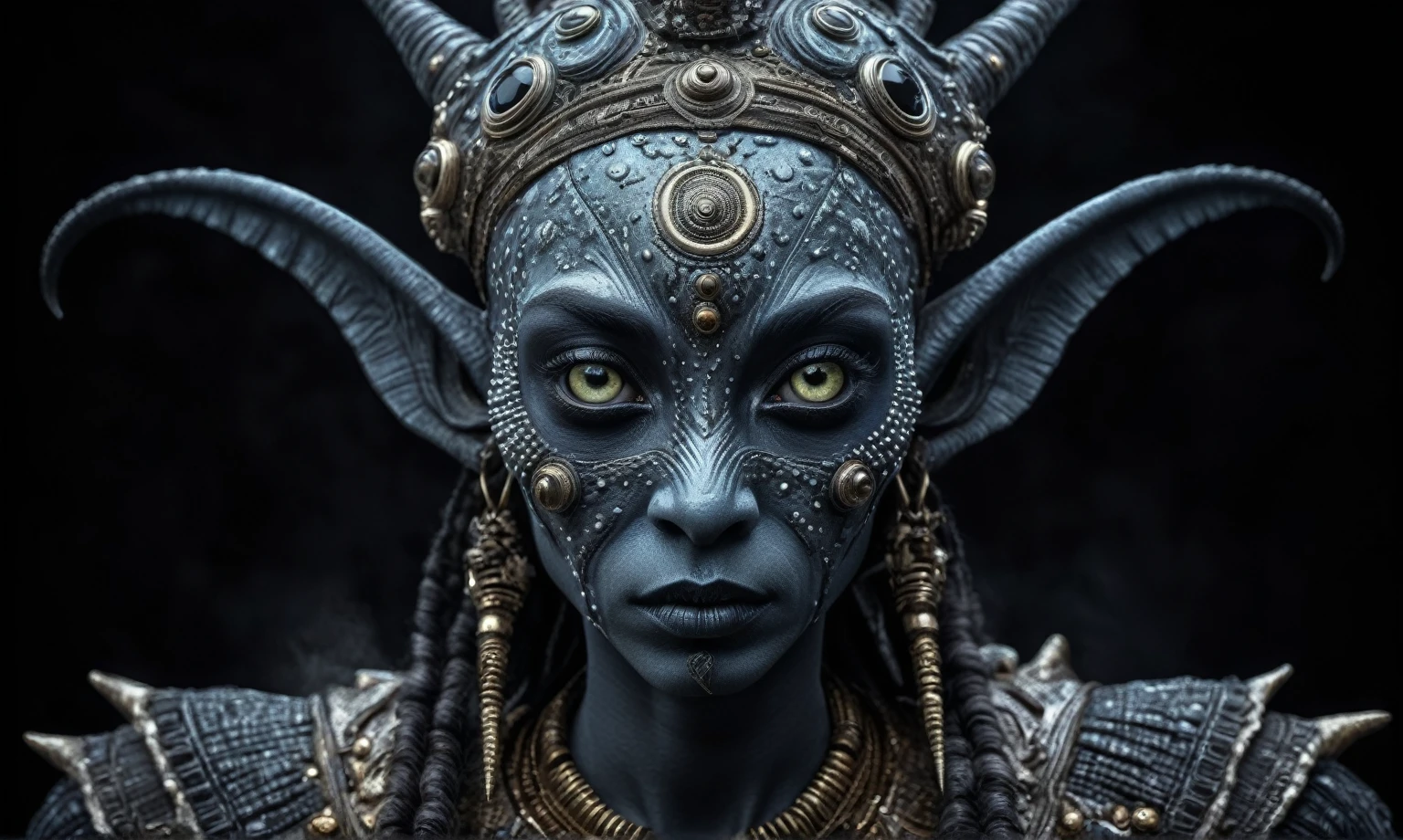 full body length shot,nerd graphite  Alien Entity,native africa slave ,nowadays azctec central city,Cinematic,soft colors, Technicolor,natural skin textures, hyper realism, hyper detailed,Extremely detailed,High contrast,Masterpiece,Realistic,Ultra Detailed, intricate details,realistic humid leather,extremely intricate details,Epic Realistic, cinematic style, irina yermolova,high contrast,hdr,extremely detailed, [deep night landscape],masterpiece, intricate details, eyes extremely detailed, high detailed eyes,8k resolution,retina, Nikon Z9,Korea,orc,Egypt, Pisces, transition between two art styles, Double contact, X-ray, Creative, vivid light, fantasy, Abstract, Surrealism, super detailed, high resolution,insanity national folk wear,skin  almost translucent,  symbols of mourning and gothic elements, further emphasizing its dark air,Mestichino,Light particles,chaos,starfish's leather
