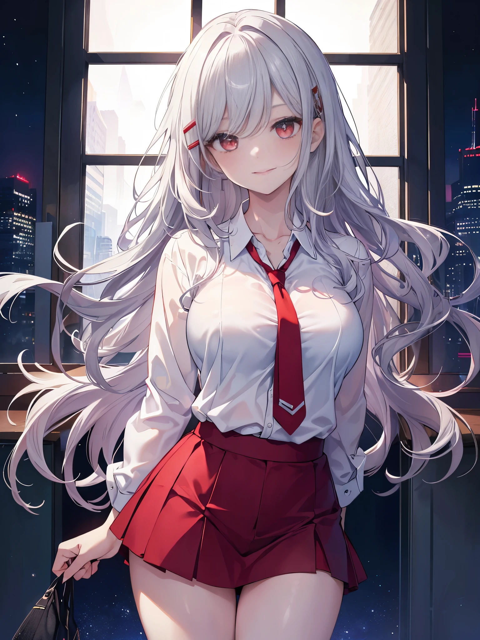 (Masterpiece, best quality), Raw picture of a beautiful woman, (white_shirt, red_tie), black mini skirt, thighs, office outfit, dynamoc pose, (sparkling red eyes), detailed eyes, black eyeshadow, glossy lips, ((silver hair)), hair clips, (wavy hair, hair strands), collarbone, neck details, (beautiful round breasts), standing, leaning on window, night sky, soft ambient lighting, intrinsic details, aesthetic view, looking at the viewer, professional, HD, 8K, (absurdres:1.2), highly detailed, vivid colors, bokeh, highly focused, (smile:1.2), pov thighs