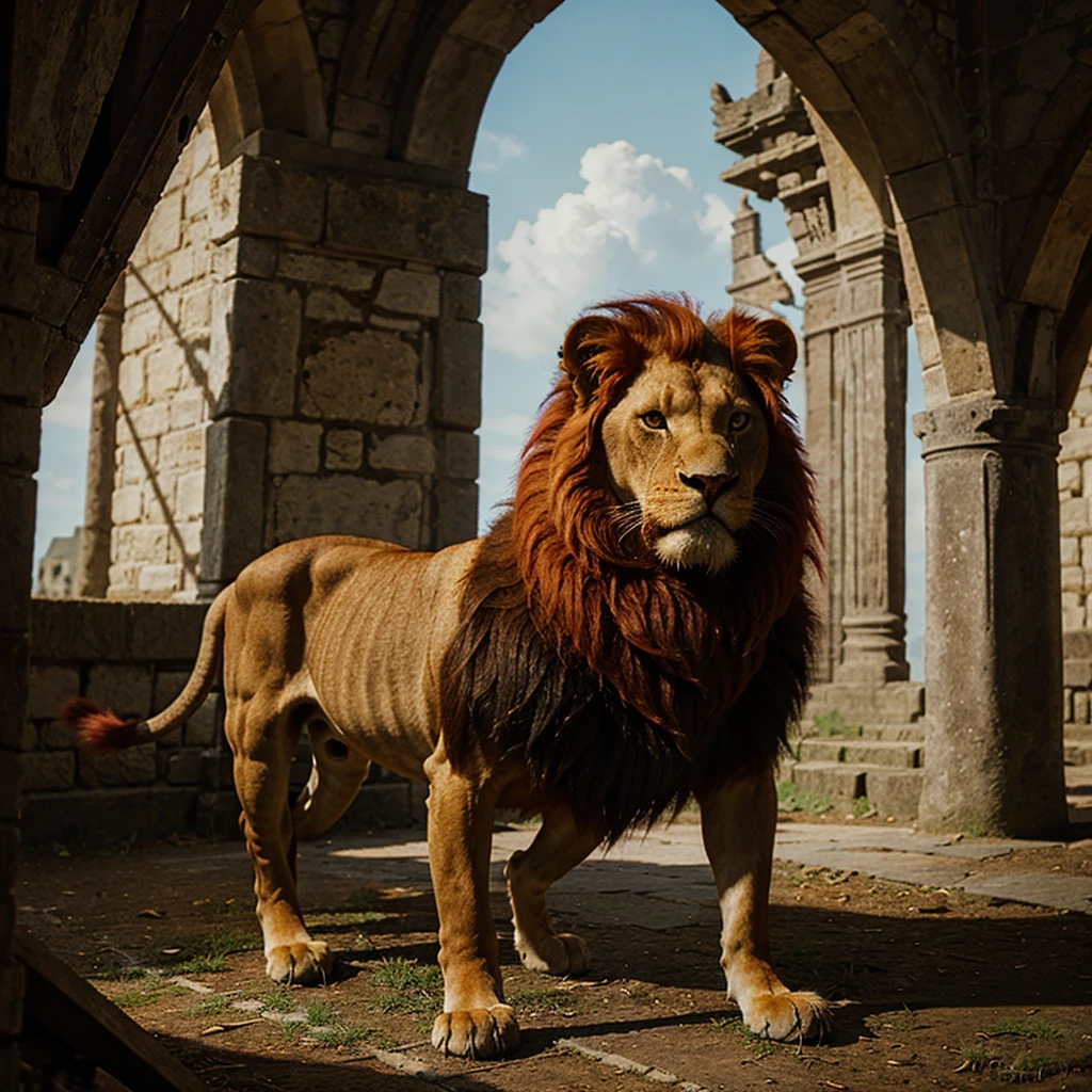 A CLASSIC MEDIEVAL DARK FANTASY PAINTING OF A RED HAIR LION ANIMAL NO PEOPLE