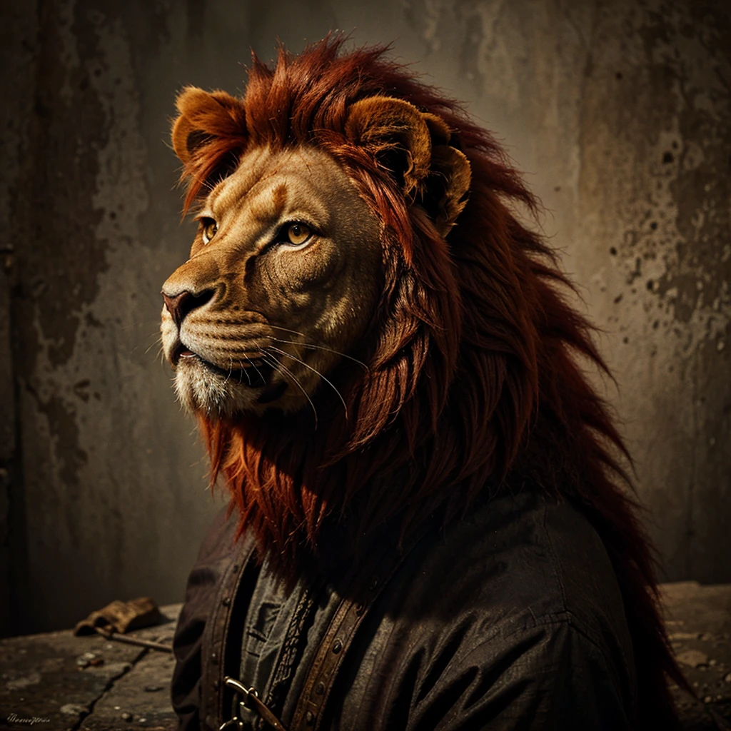 A CLASSIC MEDIEVAL DARK FANTASY PAINTING OF A RED HAIR LION ANIMAL NO PEOPLE
