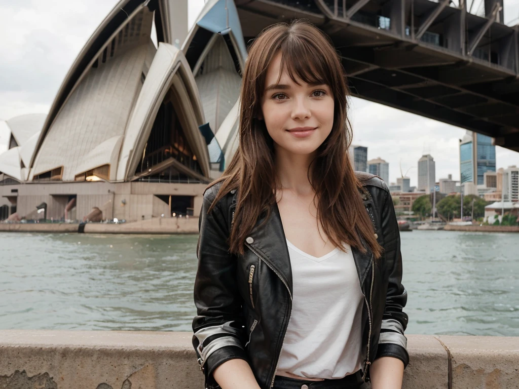 1girl, One Very thin skinny tall pretty skinny zoey deutch, 39 years old, mid long hair, bangs, fringe hair, chatain hair ,bangs hair falling over the forehead, heavy bangs, mid-long hair, sitting in sydney in front of the sydney opera house, smiling, sexy pretty smile, leather jacket, big , hand in pussy