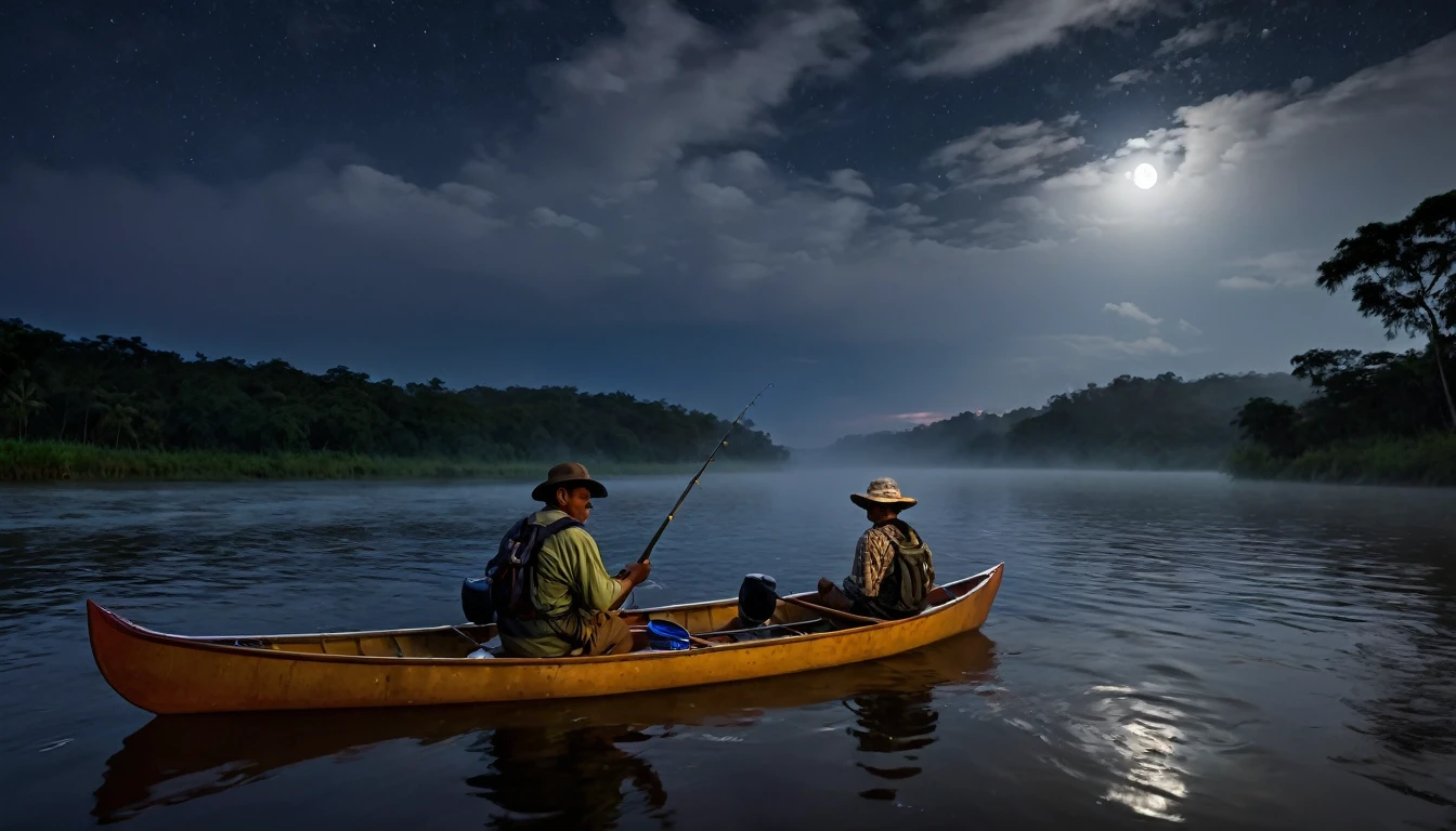 It was a moonless night, and the sky was covered with dense clouds. My friend Carlos and I decided it would be a good idea to fish at night, when the waters were calmer and the fish were more active. We arrived at the river around 10pm, We set up our poles and settled into a small canoe.PICTURE REALISTIC, high resolution, 8K