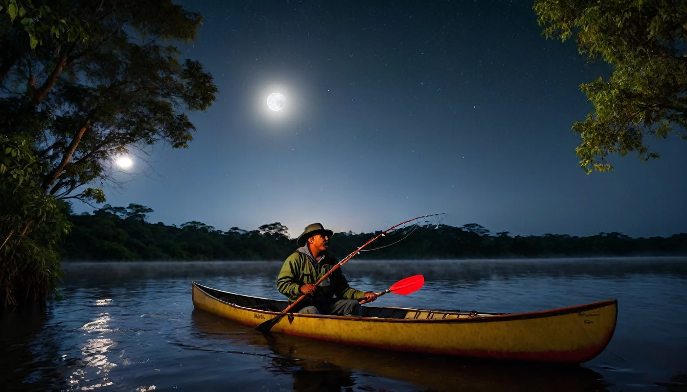 It was a moonless night, and the sky was covered with dense clouds. My friend Carlos and I decided it would be a good idea to fish at night, when the waters were calmer and the fish were more active. We arrived at the river around 10pm, We set up our poles and settled into a small canoe.PICTURE REALISTIC, high resolution, 8K 