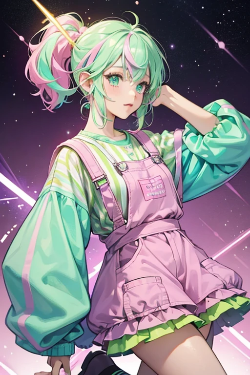 SHE has molded hair streaked with pastel versions of purple, pink, green as well as white and black with the sides being fuzzy. SHe has a light skin , the sides of hER face have painted details such as stars and a lightning bolt.

HER outfit includes pastel green socks with pink stripes, a pastel green shirt with purple, pink, and black stripes, and pastel yellow overalls with patterns resembling sprinkles. HER accessories include pastel green and pastel purple headphones with a unicorn horn on top, and a purple bottle SPARKLE; GLITTER