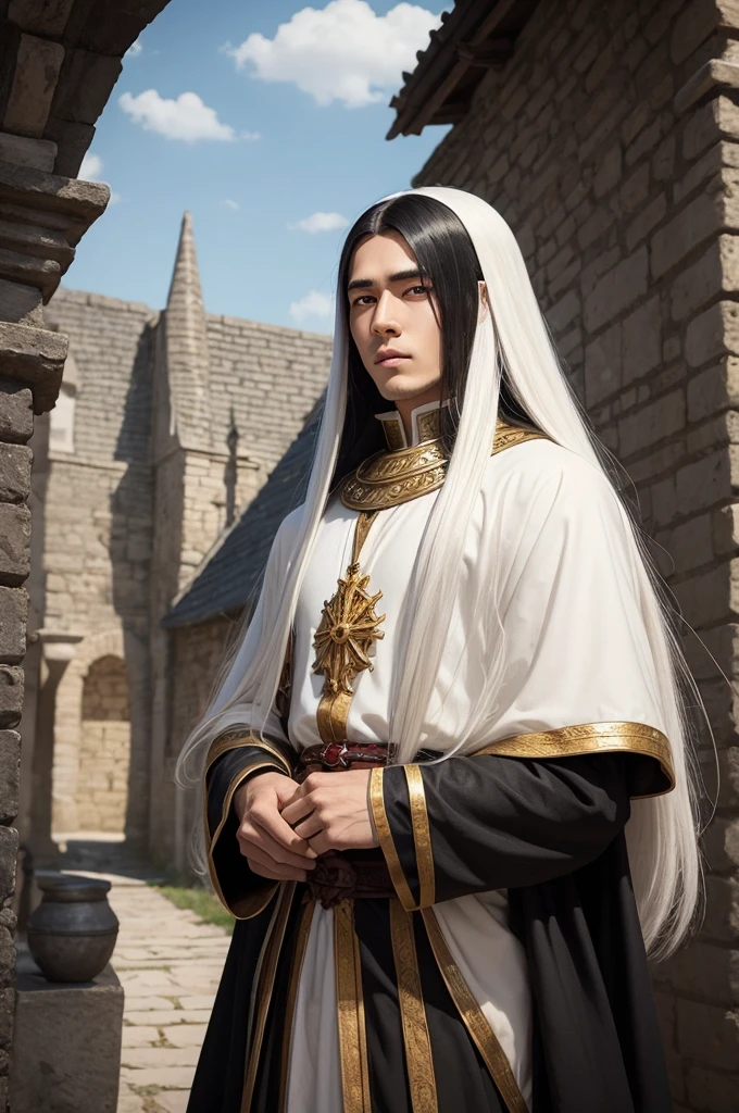 Young black god with long white hair medieval period anime style