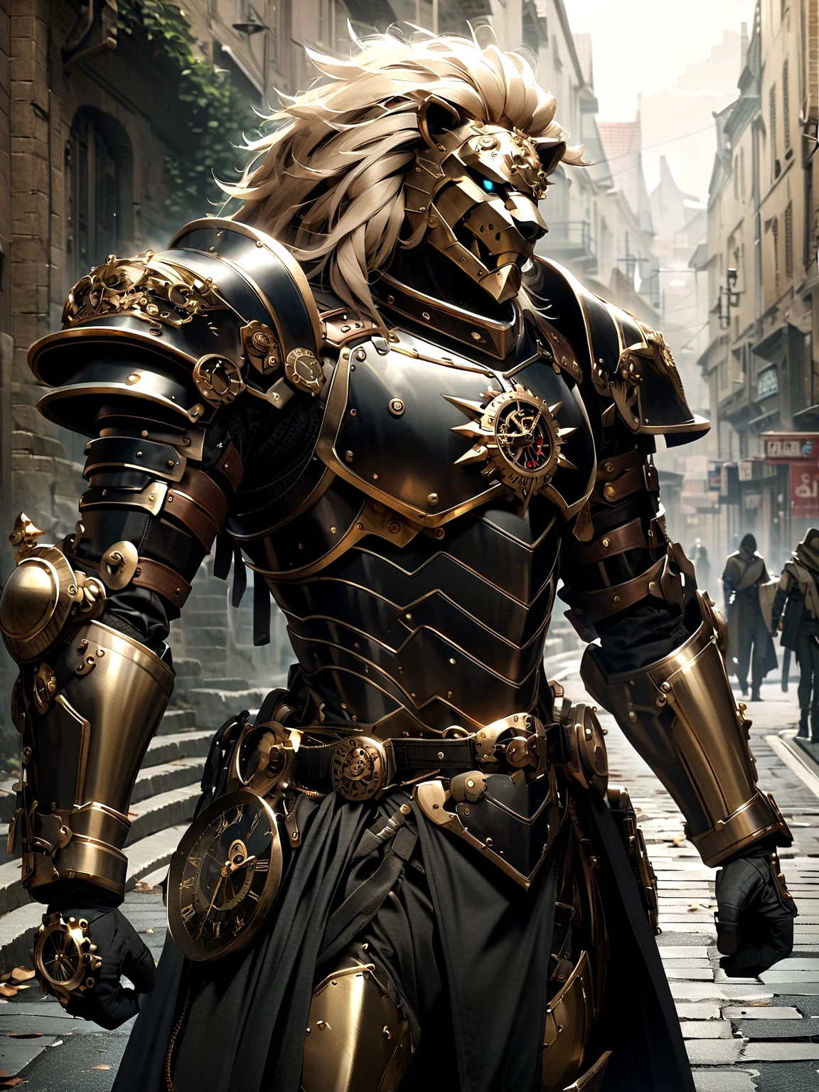 Lion Knight wearing combat uniform, on the street, black armor, Clock designs, Black Lion Man, Black Color armor