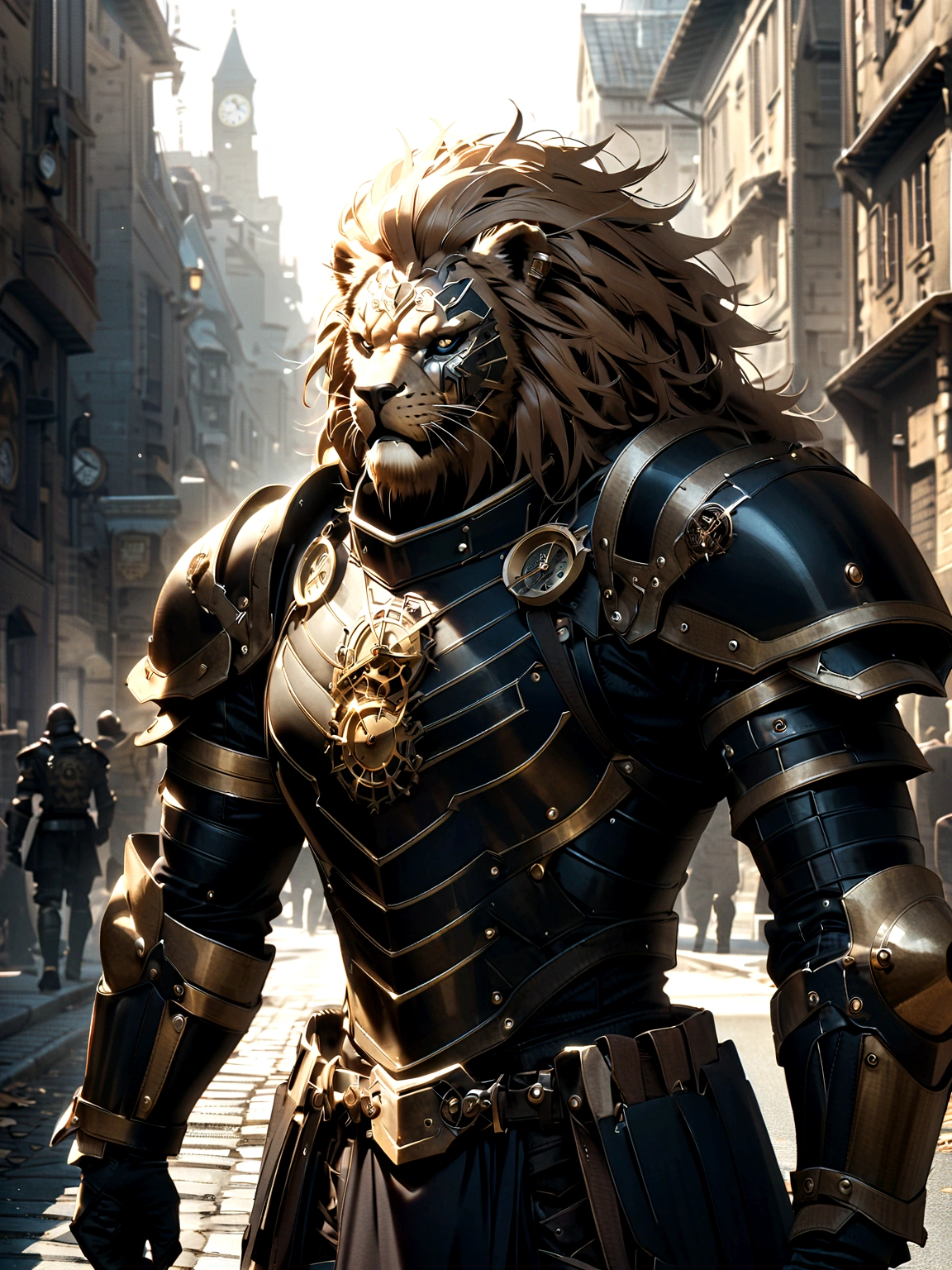Lion Knight wearing combat uniform, on the street, black armor, Clock designs, Black Lion Man, Black Color armor