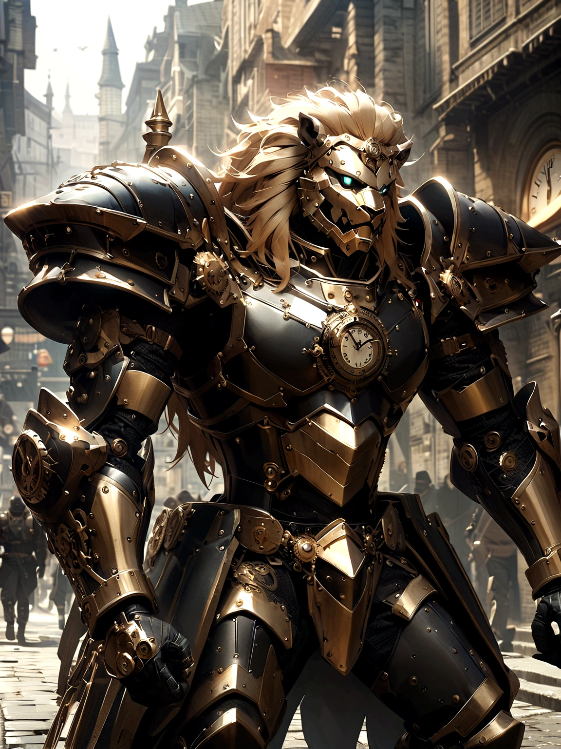 Lion Knight wearing combat uniform, on the street, black armor, Clock designs, Black Lion Man, Black Color armor