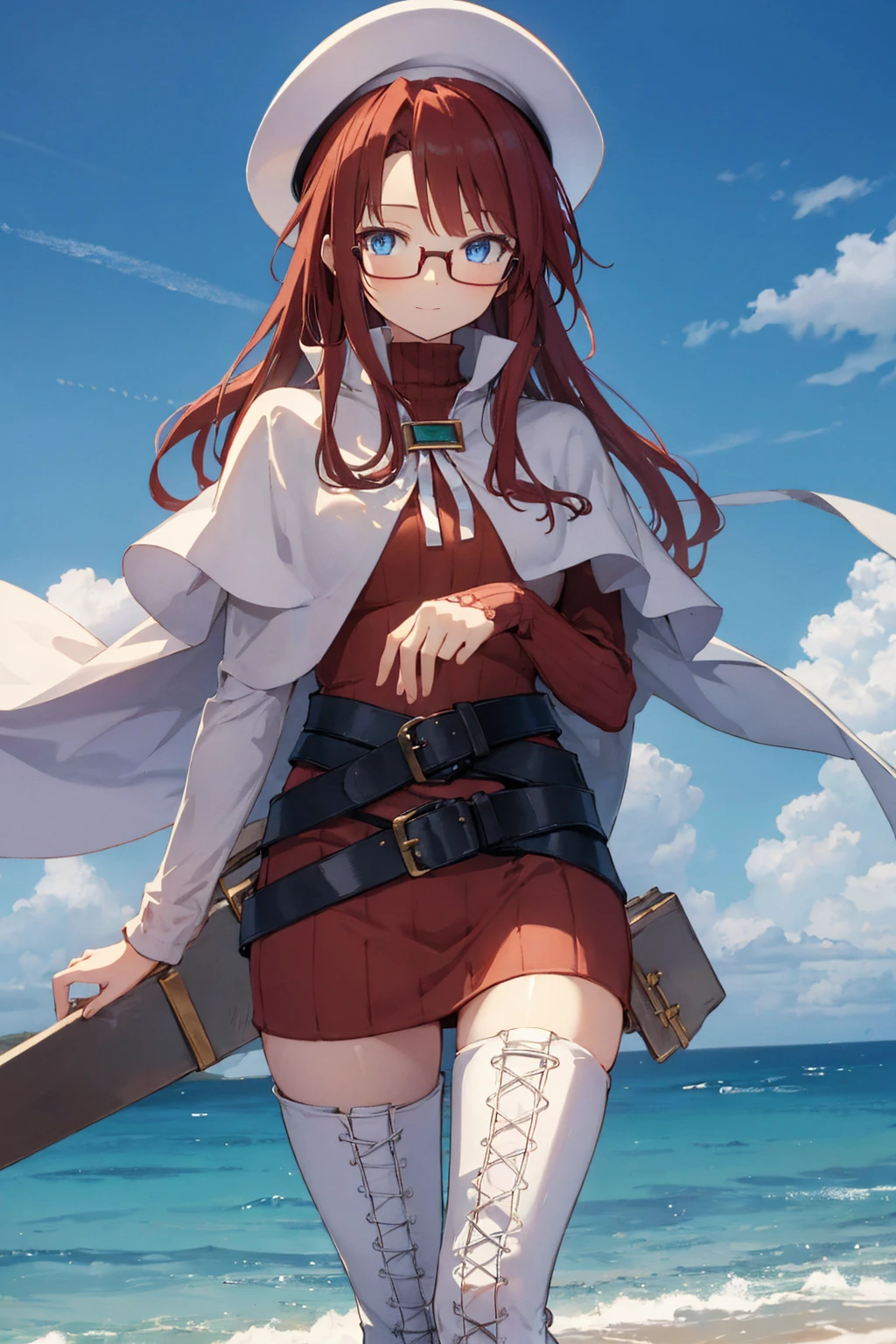 summonnightaty, aty, (young:1.3),long hair, blue eyes, red hair, big_tits, hat, glasses,
BREAK long hair, thighhighs, hat, dress, naked_legs, glasses, belt, cape, sweater, zettai ryouiki, beret, thigh boots, white footwear, ribbed sweater, loose belt,solo,
BREAK outdoors, fantasy,on_beach,
,Highquality_hads,perfect_fingers,
BREAK (masterpiece:1.2), best quality, high resolution, unity 8k wallpaper, (illustration:0.8), (beautiful detailed eyes:1.6), extremely detailed face, perfect lighting, extremely detailed CG, (perfect hands, perfect anatomy),covered_nipples,covered_navel ,half_eyes,long_sword,sleepy_eyes,red_sweater,apart_knees,magical_effect,spread_legs, have_a_book,teacher,rise_knee,Smile,rise_hand,look_down_viewer,spread_arms,sea_waves,looking_into,blue_sky,plump,open_mouth, dynamic_posing,solo