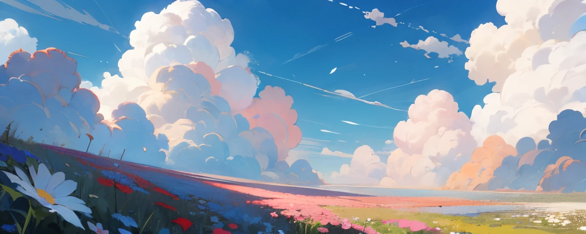 Image background, strong colors, black, white, flowers, blue sky, clouds