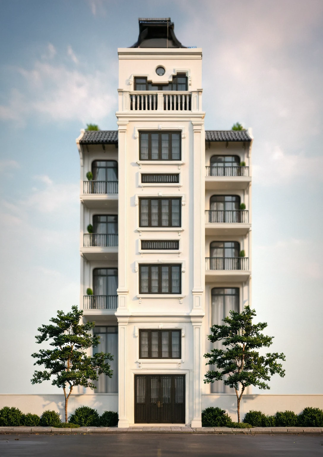 Raw photo,Masterpiece, high quality, best quality, authentic, super detail,
exterior, outdoors, house style neoclassic on the street ,aiaigroup, 
road,pavement, grass, trees, sky, cloud, (day:1.1)