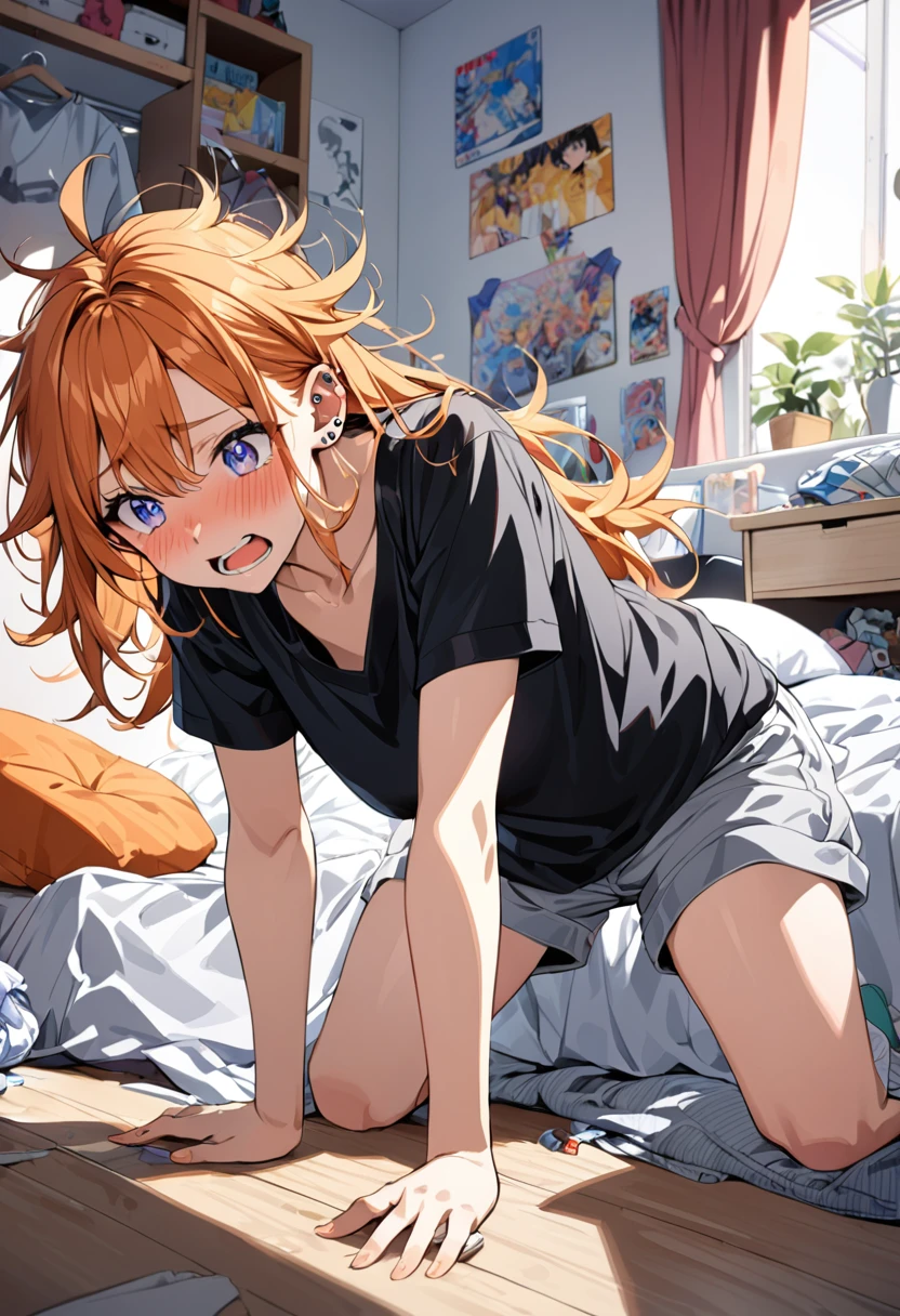 20 year old female, long orange hair, messy hair, perfect eyes, perfect silver irises, perfect pupils, baggy black shirt, shorts, comfy clothes, many piercings on ears and nose, messy bedroom, otaku bedroom, flustered, tripping, highly detailed, best detail, best hands