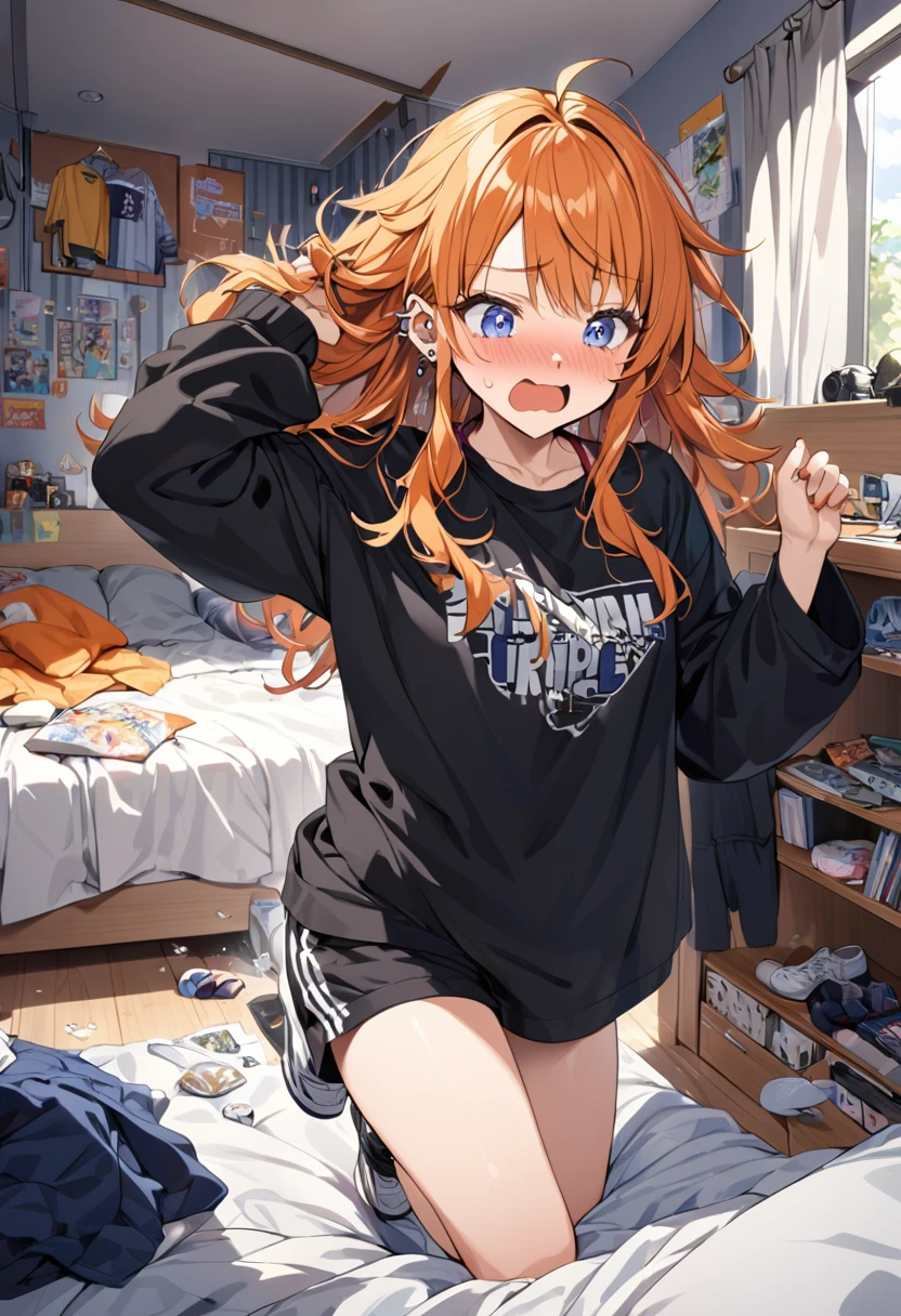 20 year old female, long orange hair, messy hair, perfect eyes, perfect silver irises, perfect pupils, baggy black shirt, shorts, comfy clothes, many piercings on ears and nose, messy bedroom, otaku bedroom, flustered, tripping, highly detailed, best detail, best hands