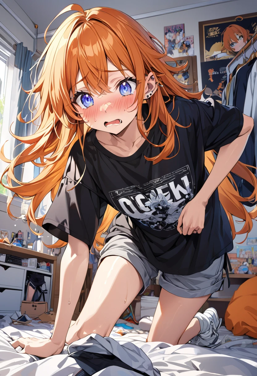 20 year old female, long orange hair, messy hair, perfect eyes, perfect silver irises, perfect pupils, baggy black shirt, shorts, comfy clothes, many piercings on ears and nose, messy bedroom, otaku bedroom, flustered, tripping, highly detailed, best detail, best hands