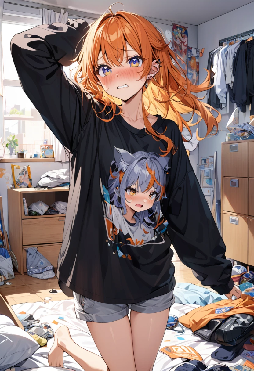 20 year old female, long orange hair, messy hair, perfect eyes, perfect silver irises, perfect pupils, baggy black shirt, shorts, comfy clothes, many piercings on ears and nose, messy bedroom, otaku bedroom, flustered, tripping, highly detailed, best detail, best hands