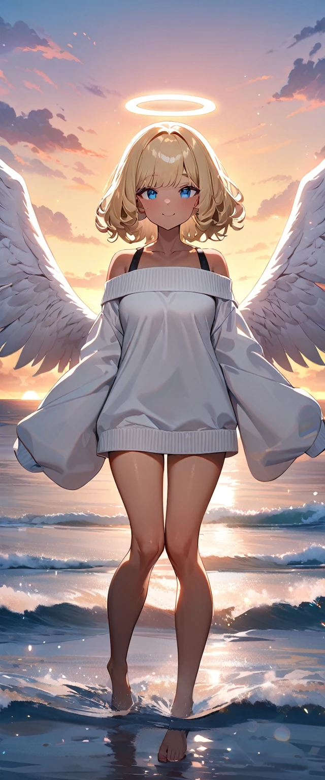 (((One girl))), full body, ((tanned skin)), flying in the sky, bare legs, ((angel, big big white wings:1.2, halo:1.3)), ((wavy hair)), evening, Sunset, sea, beach, ((blond hair, bob cut:1.3)), big breasts, teenager, (looking at viewer), oversized clothes, puffy long sleeves, collarbone, ((off-shoulder sweater dress:1.3, Quite thick shoulder straps)), (((sleeves past wrists:1.3))), ((white sweater)), collarbone, head tilt:1.3, (((blue eye))), ((happy smile)), (((anime style))), (best quality, 4K, 8K, highres, masterpiece:1.2, ultra-detailed, ultra-detailed eyes, HDR, uhd, studio lighting, ultra-fine painting, sharp focus, physically-based rendering, extreme detail description, professional, vivid colors, bokeh), ((Highest quality, Best image quality, Ultra-high resolution, Ultra-high resolution, solo, Strong eye highlights)), Depth of written boundary, Natural soft light, attractive, Beautiful Face, Cleanliness, Pure Face, medium chest, Beautiful Face, Perfect Fingers, Perfect hands, Perfect body, Perfect Face, Shine a light into your eyes, Perfect Anatomy