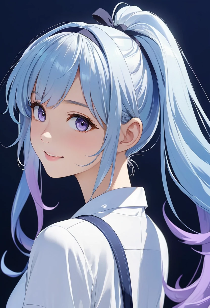     Beautiful light blue hair with long ponytails and light purple ends. An anime girl with long ponytails and a big hairband wearing a white fir shirt looks back at a happy and lively character standing on a simple abstract dark blue background, close-up( perfect anatomy )

               Beautiful and extremely fine texture，detailed, bright, High-quality animation style presentation