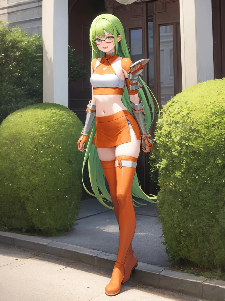((best quality)), ((masterpiece)), (detailed), palace, 1girl, 20 years old, full body portrait, thin glasses, very long green hair, absurdly long beautiful green hair, smile, standing, seductive, beckoning, archer, orange boots visible, orange shoes visible, orange shoes, orange tall boots, orange knee-high boots, orange knees, orange waist, orange abdomen, orange midriff, silver breastplate, silver armor shoulder guards, silver gauntlets, high-waisted short orange wrap skirt, small skirt, busty