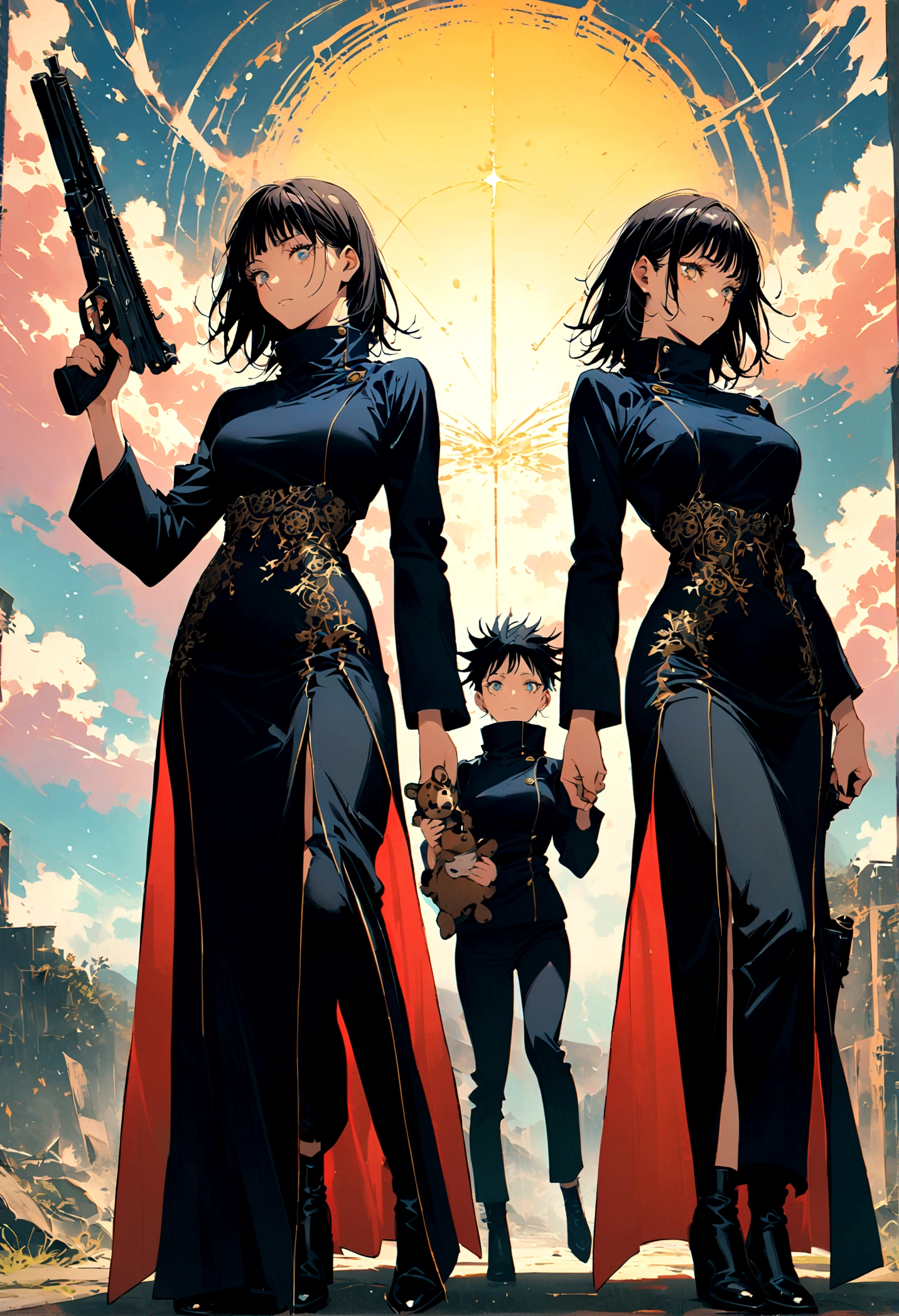 (2 girls,jujutsu kaisen),twins, girl one holding a stuff animals, girl two holding a sword in one hand and a gun in another, starry eye design, same height, matching dresses, artwork
