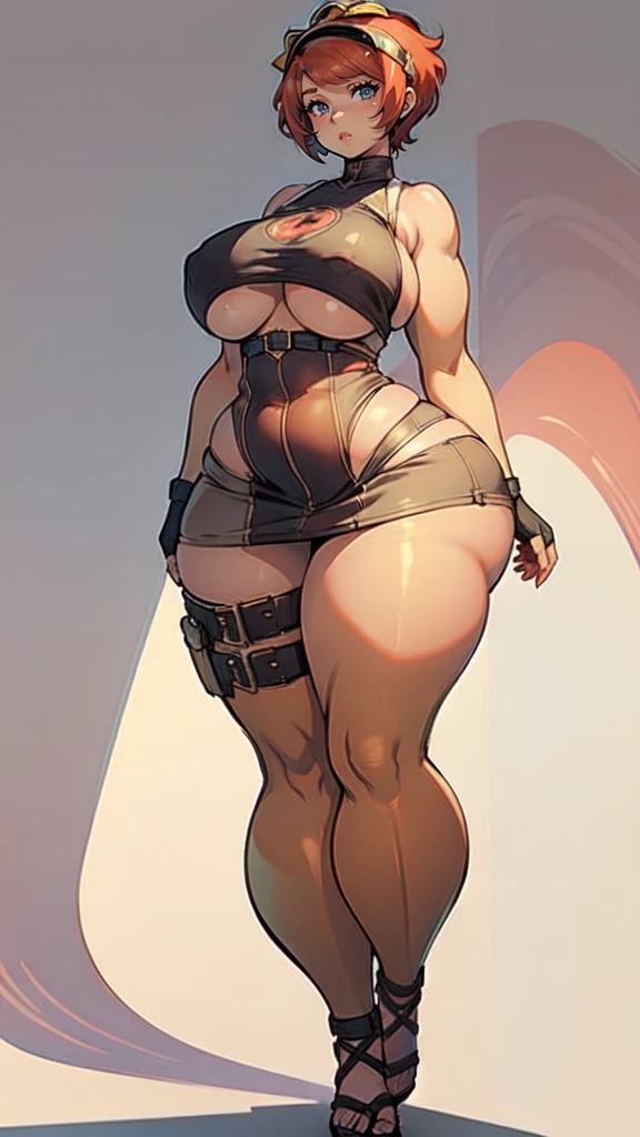 (masterpiece), best quality, female warrior, huge girl, female muscular:1.2, very short hair, ginger hair, big breast, (curvy:1.9), (((blank background))), ((full body)), fingerless gloves, sandals, sleeveless, covered nipples, (underboobs:1.3), tshirt top, shaved hair, (buzzcut hairstyle)