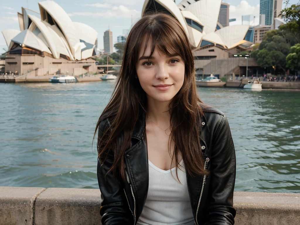 1girl, One Very thin skinny tall pretty skinny zoey deutch, 39 years old, mid long hair, bangs, fringe hair, chatain hair ,bangs hair falling over the forehead, heavy bangs, mid-long hair, sitting in sydney in front of the sydney opera house, smiling, sexy pretty smile, leather jacket, big , hand in pussy