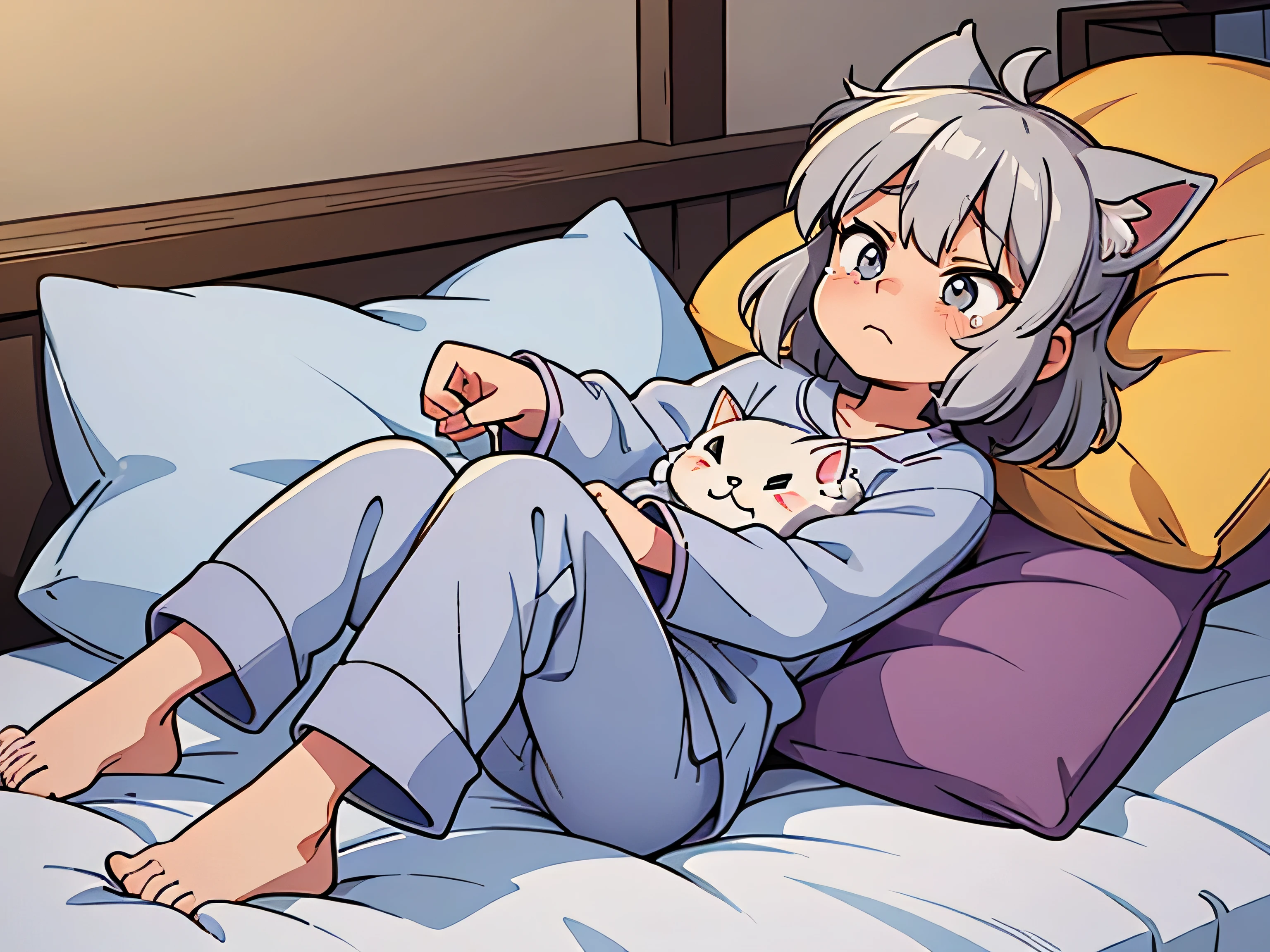 The character is simply drawn of a muller-haired gray cat,Woke up with tears in my eyes, wearing cute pajamas with pillows,add ears to charater