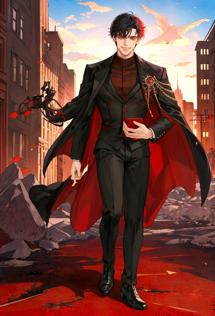 Handsome man, red eye color, muscular, comma black hair, grinning, teacher coat, full body, city background
