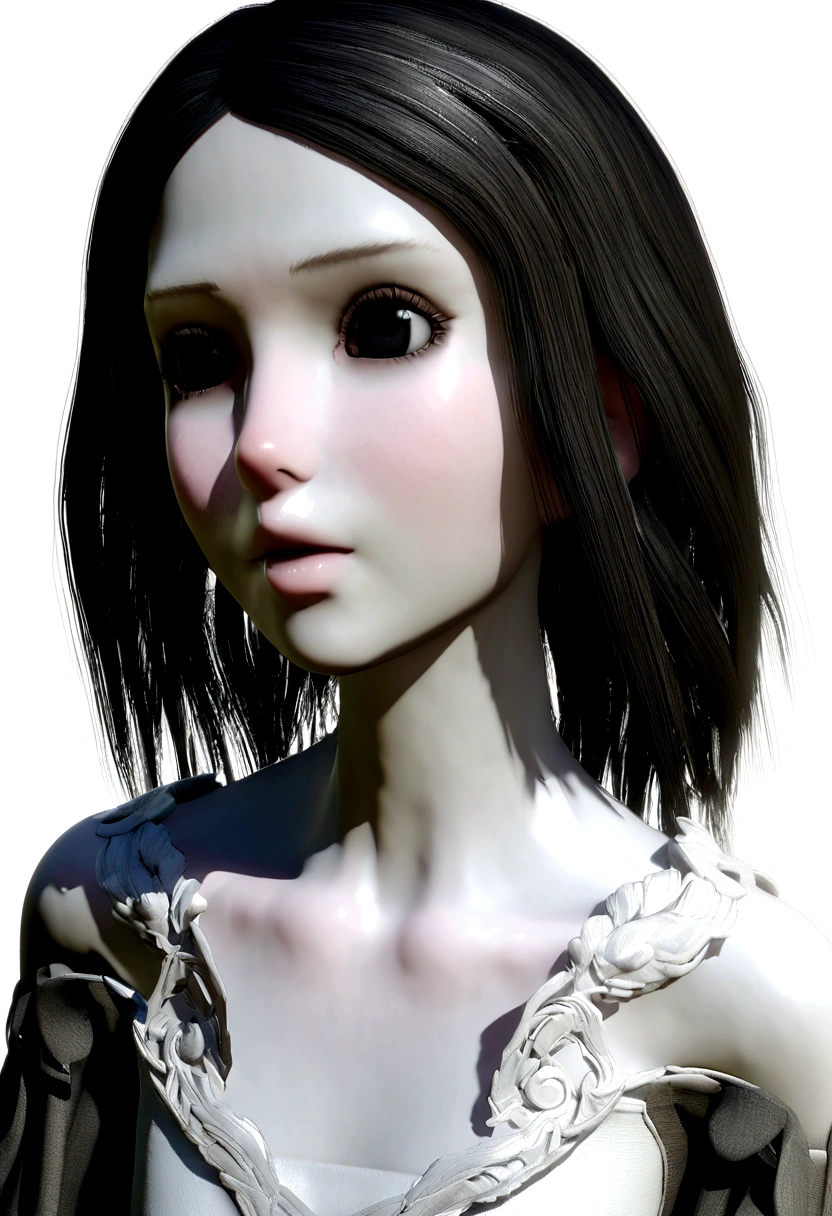 A twenty-six-year-old girl... with short black hair that used to be long and wide black eyes... a small nose and a small mouth with full lips, pale skin, a weak build, and a medium height, 3d.