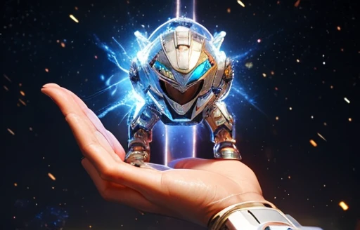 Hand in palm pointing towards the viewer, hand-shot leisure shot, The robot uses laser fire at the viewer, A robot has the palm of its hand showing the viewer, setting frozen planet blizzard
