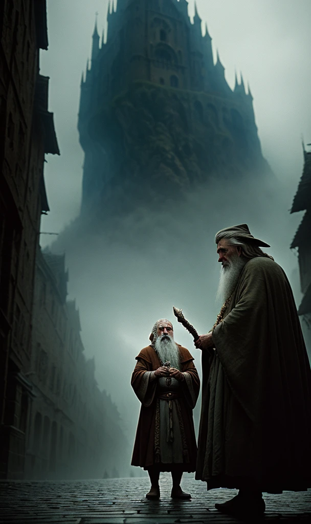abstract colors, texture, film grain, skin pores:0.1 hasselblad dslr RAW photo, backlit intricate dramatic portrait of an old bearded wizard casting a spell, standing on medieval fantasy city (cobblestone street)1.2, foggy morning, shannara chronicles lotr gandalf hobbit willow concept art anna dittmann magali villeneuve marc simonetti, cinematic movie still frame, (analog style)1.3 (film grain)1.3