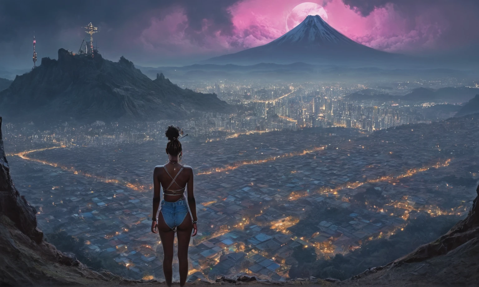 full-body-shot,Vview from height,full body length shot,vampire,babygirl,native african,lovely face,jealous,another world,ring of truth,French Braid with a Twist,4k resolution,RAW, Nikon Z9,by jimmy chin,view from height,lesbians,pretty face,eyebrow up,full body shot,ominous landscape,glate gray atmosphere,by art Simon Stalenhag,Nicola Samori,(((Wangechi Mutu))),prime colors,Lisa Frank,urban,extremely detailed, [night],masterpiece,intricate details,fade,chinesse carnival