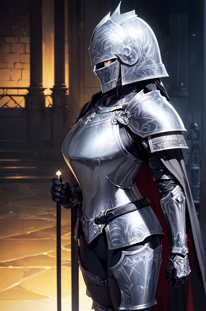 (masterpiece; best quality: 1.2), ((full armored knight woman)), ((solo)), (black eyes: 1.4), (body; toned, strong, tall: 1.3), (beautiful and clear background: 1.2), ((depth of field)), (equipment: full plate all-black dark-damascus realistic armor + closed helmet with plume + black cape: 1.3), (anime illustration: 1.2), (background composition; garden exterior + furniture: 1.1), (extremely fine and beautiful: 1.1), (shot composition; standing + centered on torso + close-up: 1.5)