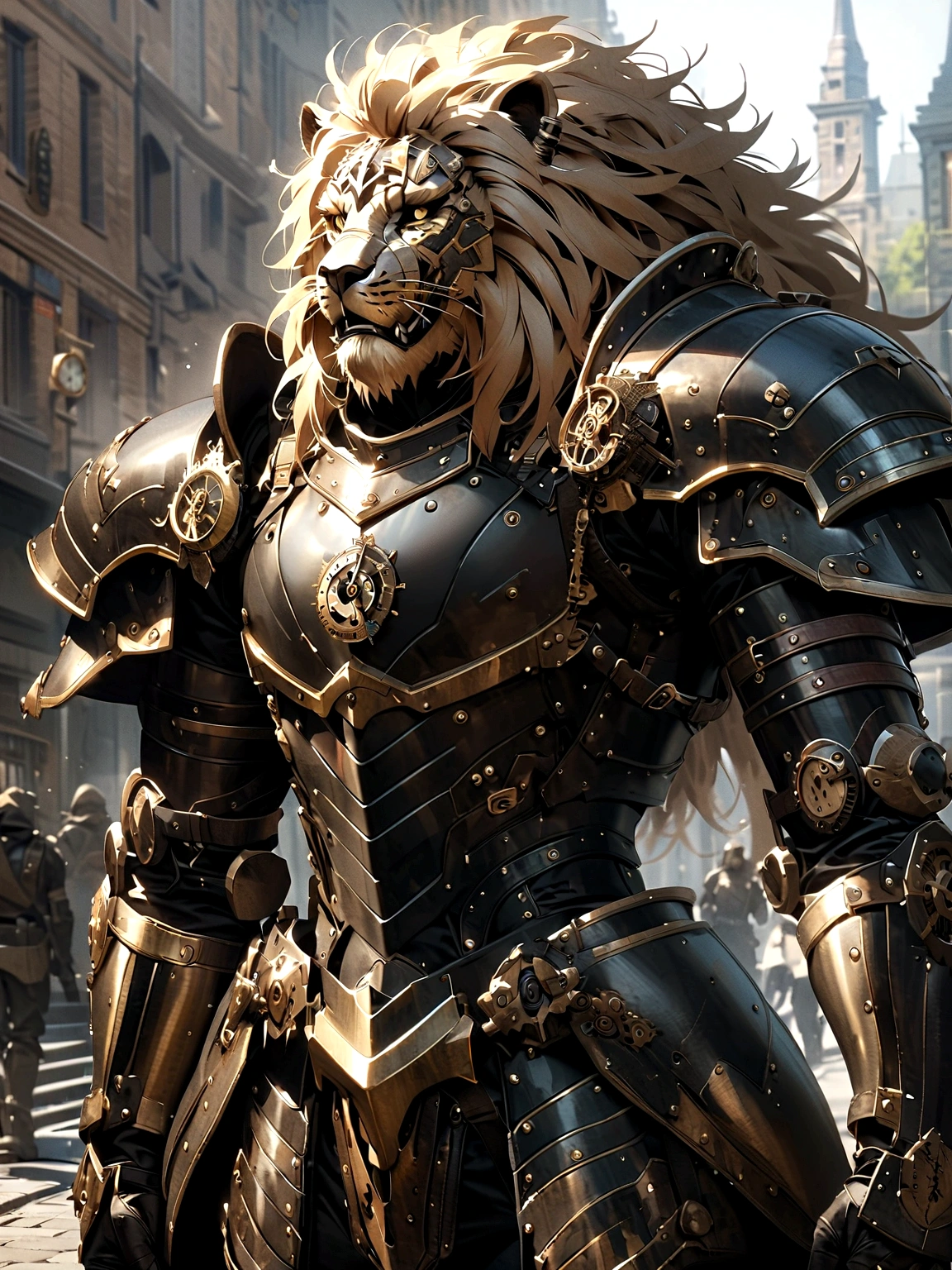 Lion Knight wearing combat uniform, on the street, black armor, Clock designs, Black Lion Man, Black Color armor