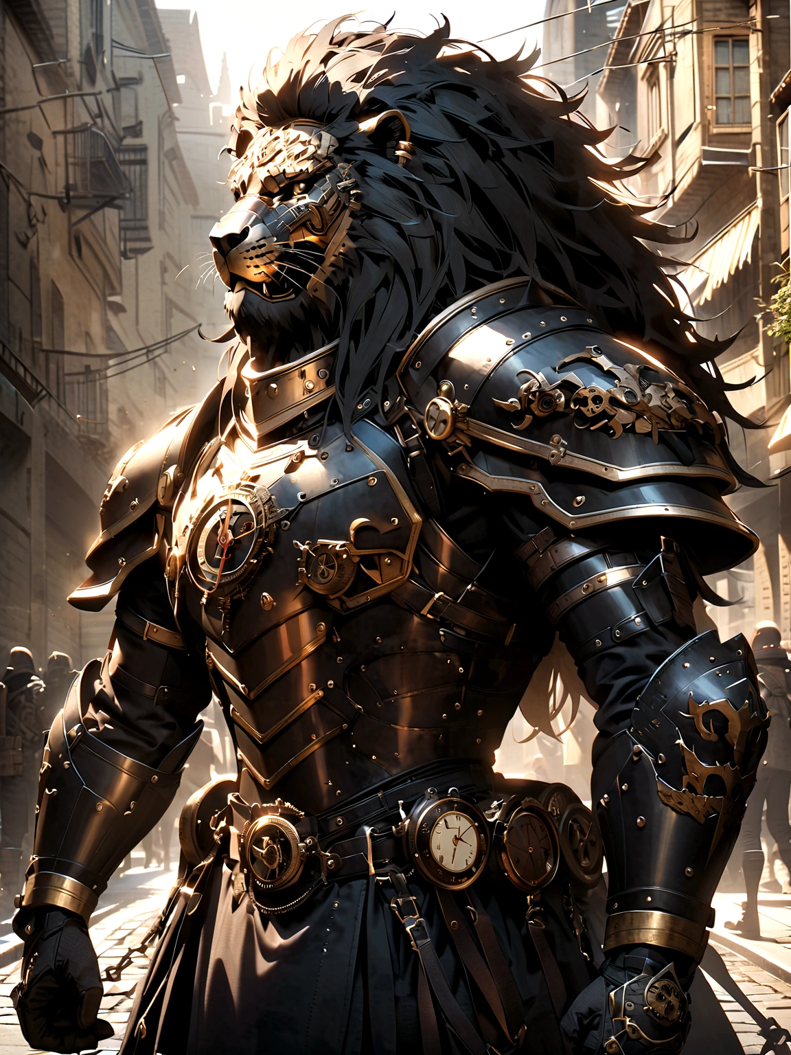 Lion Knight wearing combat uniform, on the street, black armor, Clock designs, Black Lion Man, Black Color armor