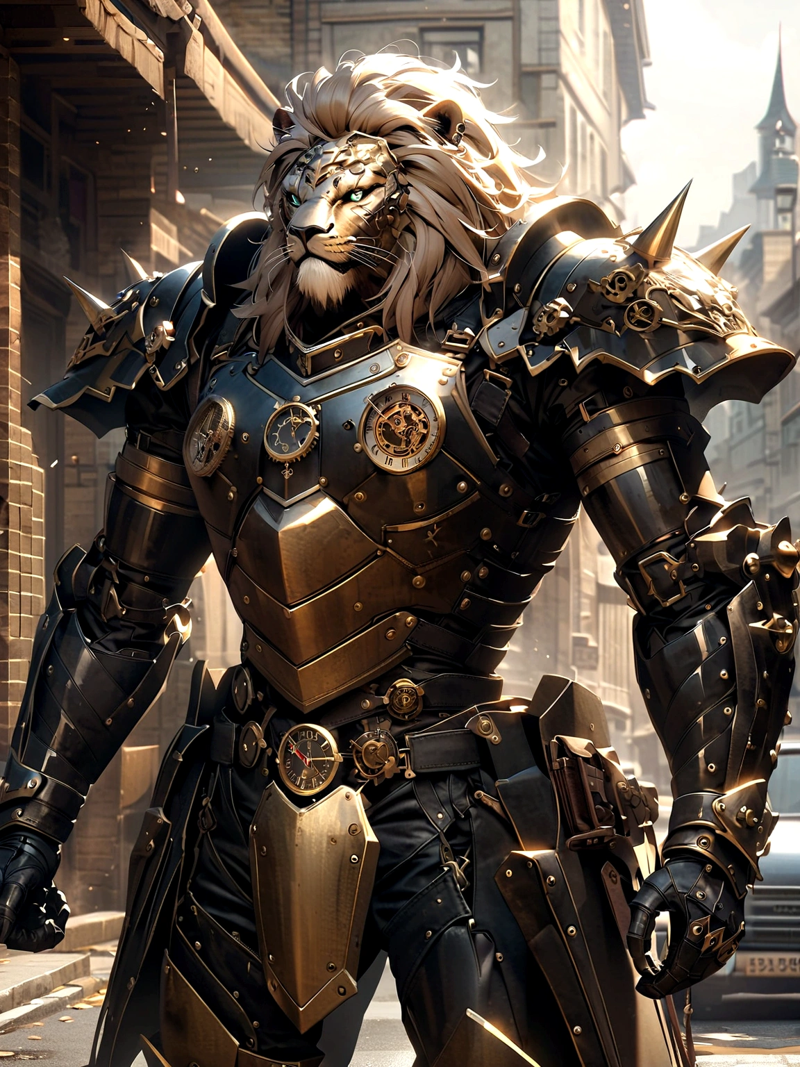 Lion Knight wearing combat uniform, on the street, black armor, Clock designs, Black Lion Man, Black Color armor