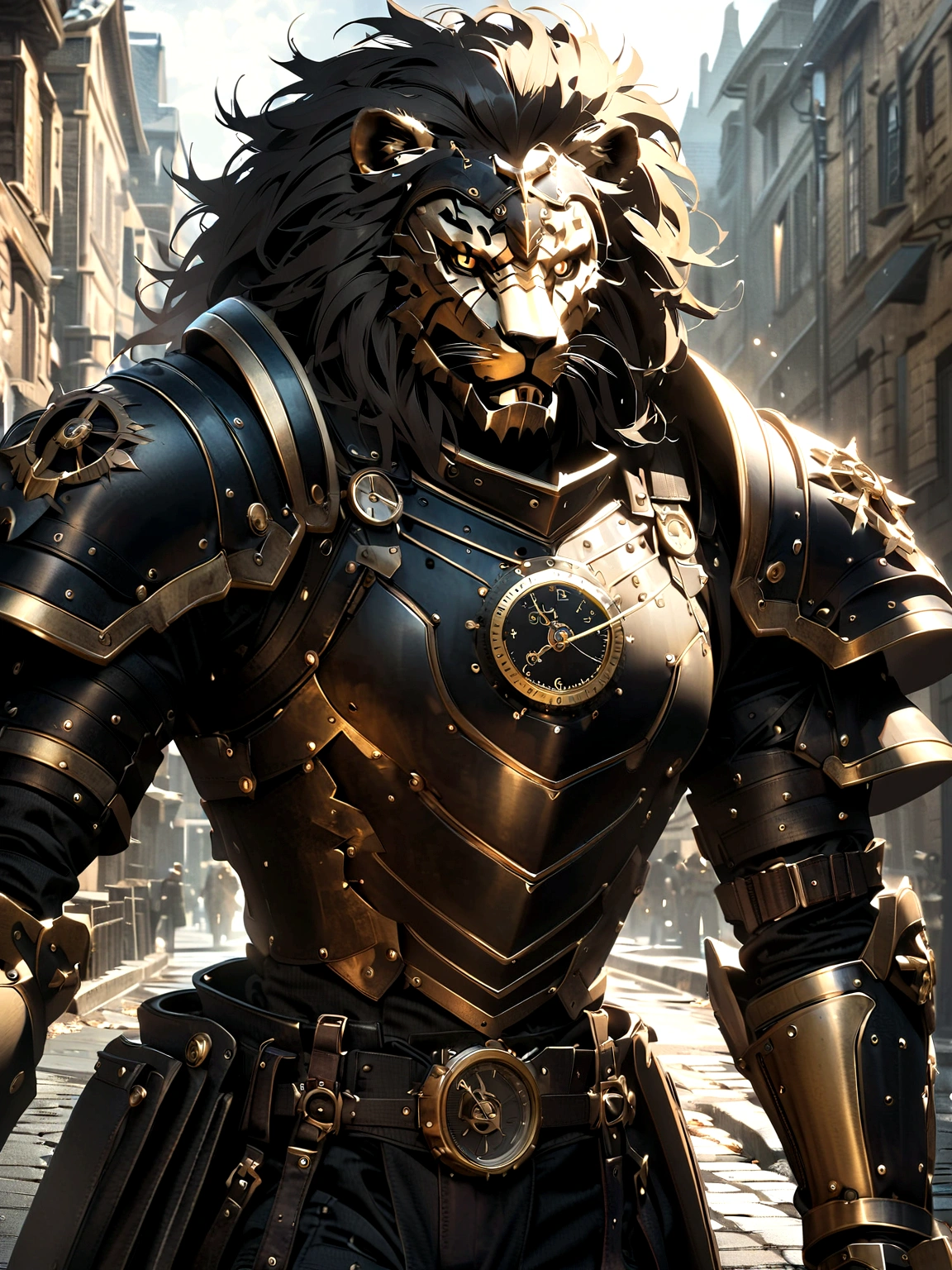 Lion Knight wearing combat uniform, on the street, black armor, Clock designs, Black Lion Man, Black Color armor