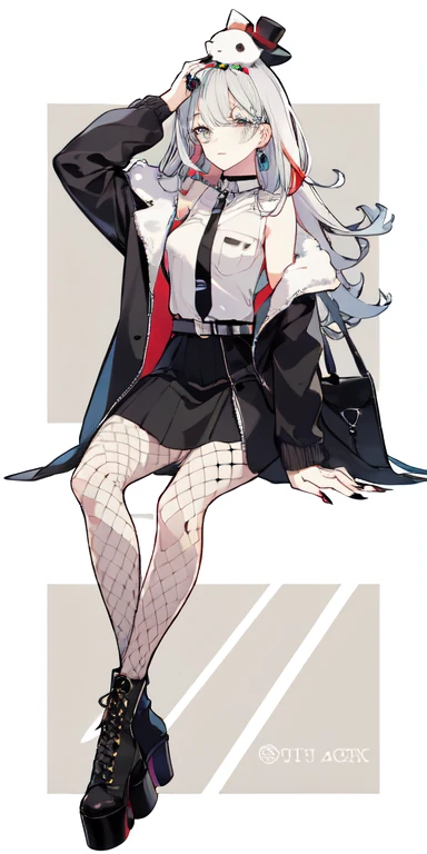 (masterpiece:1.2), best quality,PIXIV,Sweet girl ,
1girl, fishnets, black hair, boots, long hair, black nails, skirt, shirt, solo, black footwear, bag, black skirt, jewelry, sitting, jacket, on head, black jacket, bangs, necktie, earrings, nail polish, white shirt, fishnet pantyhose, pantyhose, platform footwear, multicolored hair, looking at viewer, full body, bottle, own hands together, belt, jacket on shoulders, food, animal on head, black necktie, ring, choker, english text, collared shirt, grey eyes, platform boots, hat, cross-laced footwear, lace-up boots
 