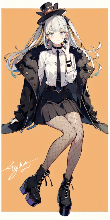 (masterpiece:1.2), best quality,PIXIV,Sweet girl ,
1girl, fishnets, black hair, boots, long hair, black nails, skirt, shirt, solo, black footwear, bag, black skirt, jewelry, sitting, jacket, on head, black jacket, bangs, necktie, earrings, nail polish, white shirt, fishnet pantyhose, pantyhose, platform footwear, multicolored hair, looking at viewer, full body, bottle, own hands together, belt, jacket on shoulders, food, animal on head, black necktie, ring, choker, english text, collared shirt, grey eyes, platform boots, hat, cross-laced footwear, lace-up boots
 