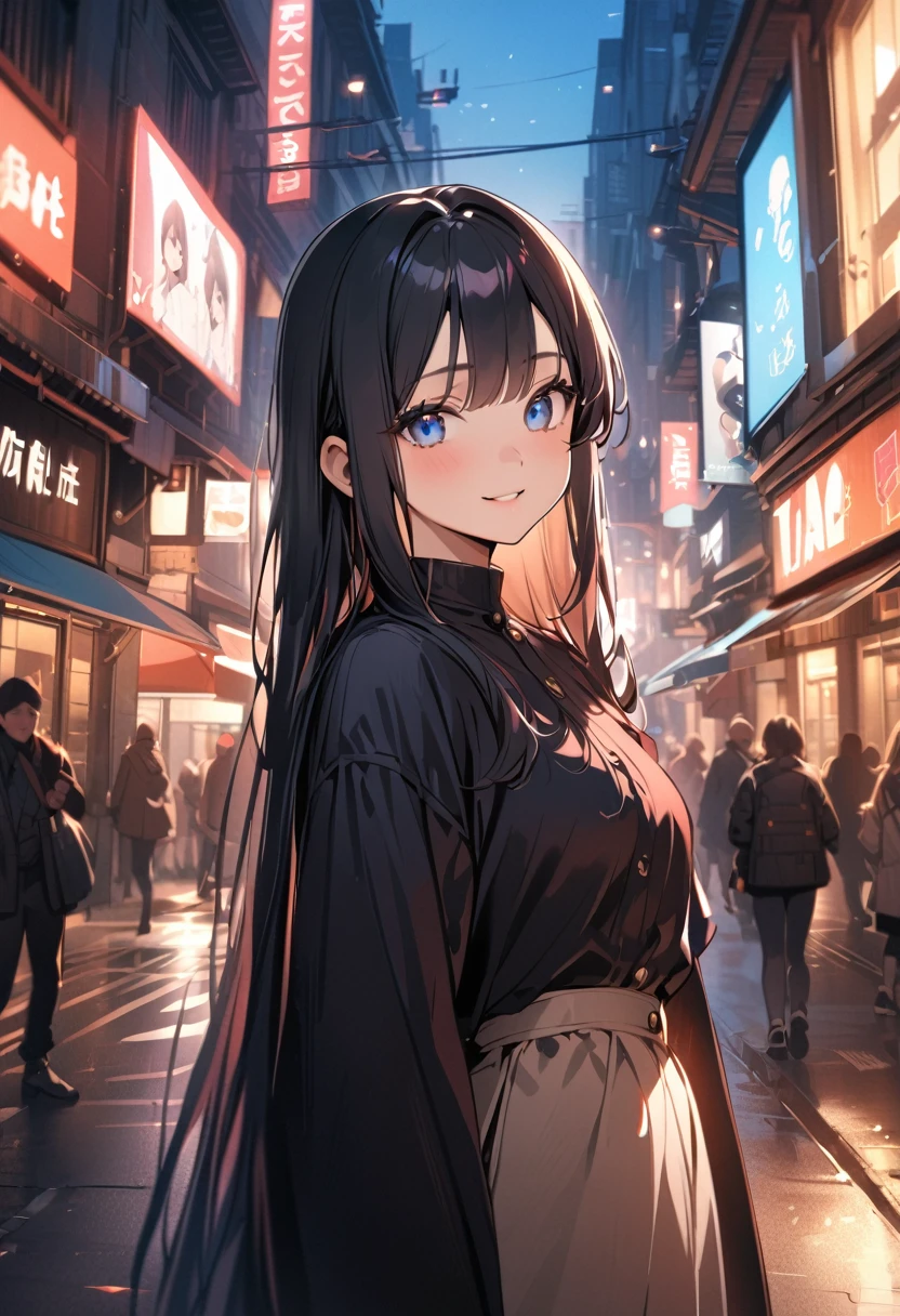 1 girl, long hair, black hair, straight hair, short bangs above brows, blue eyes, happy, 
BREAK (masterpiece), (high resolution 8K), cinematic lighting, professional lighting, detailed eyes and face, detailed body, 
BREAK Vulcan blouse, 
BREAK outdoors, city, shopping mole,