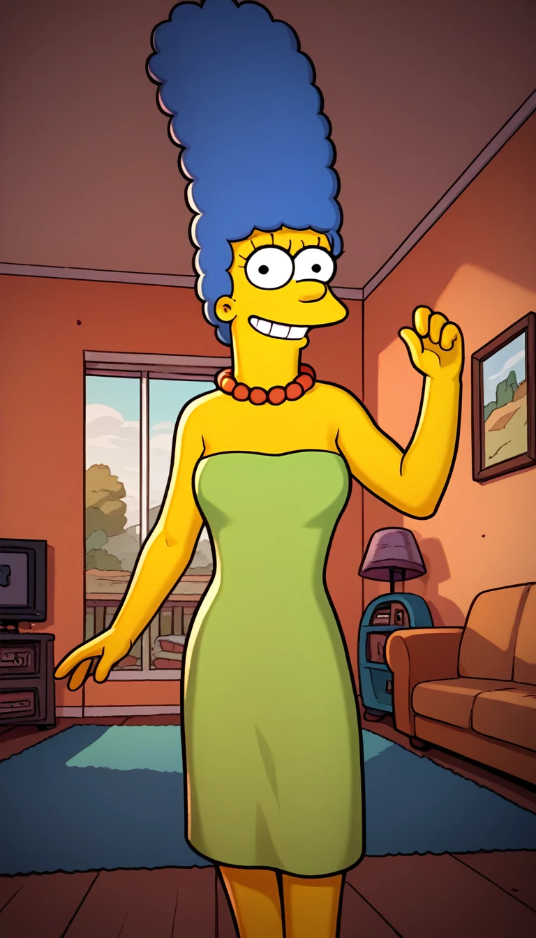 marges, (((blue hair, 1girl, solo, alone, colored skin, yellow skin))), score_9, score_8_up, score_7_up, score_6_up, score_5_up, score_4_up, zPDXL flat color, looking at viewer, smile,

pearl necklace, strapless, green dress,

sexy pose, dynamic pose, dynamic angle, cowboy shot,

indoor, living room, day,