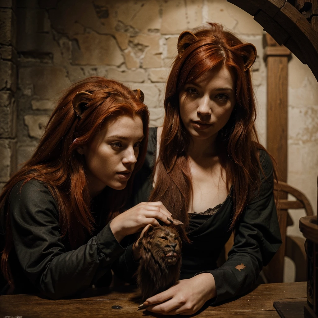 A CLASSIC MEDIEVAL DARK FANTASY PAINTING OF A RED HAIR LION ANIMAL EATING FLESG NO PEOPLE