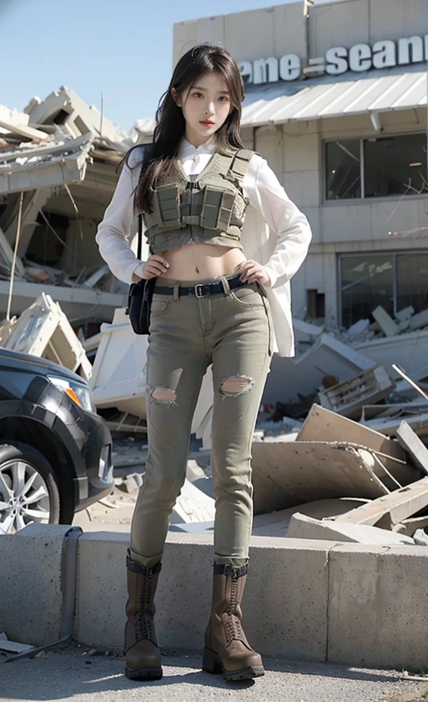 8K, Realistic photos, Realistic skin texture, Korean beauties in the US military、(Super delicate face)，Eyes with spirit，Temperament，(full-body shot)，Outside the ruins of a large American supermarket、End of operation、Car buried in rubble、(Automatic rifle with both hands)、Bulletproof vest、exhausted、Fist bump with other team members、Rescue the hostages、Backpack、boots、covered in wounds、Dynamic poses、Innovative composition,(War background of American blockbusters）。