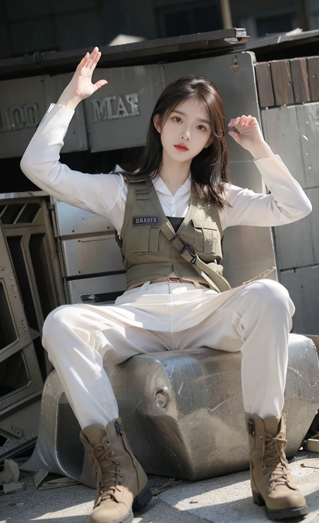 8K, Realistic photos, Realistic skin texture, Korean beauties in the US military、(Super delicate face)，Eyes with spirit，Temperament，(full-body shot)，Outside the ruins of a large American supermarket、End of operation、Car buried in rubble、(Automatic rifle with both hands)、Bulletproof vest、exhausted、Fist bump with other team members、Rescue the hostages、Backpack、boots、covered in wounds、Dynamic poses、Innovative composition,(War background of American blockbusters）。